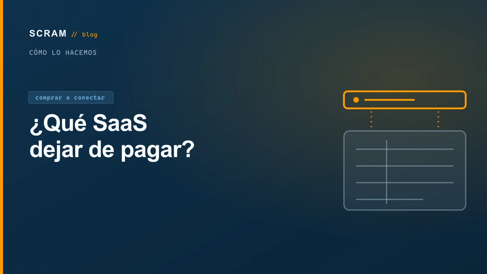 Gráfico azul marino «¿Qué SaaS dejar de pagar?» con una capa naranja delgada sobre un bloque gris de datos